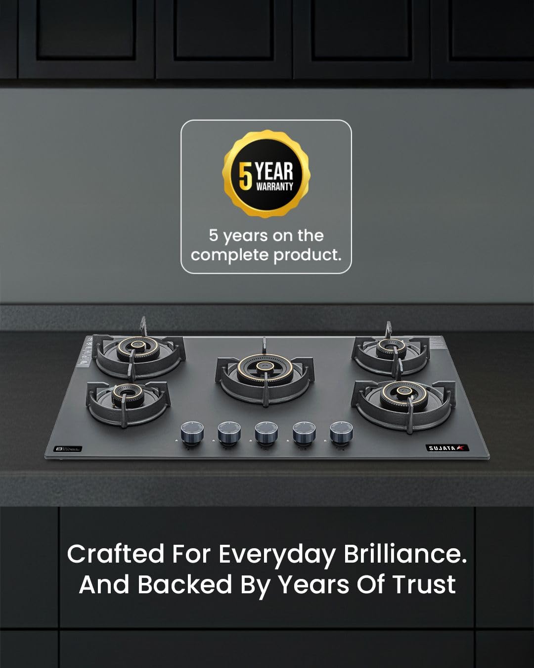 Sujata 5 Burner Gas Stove Glass Top | 5 Years Warranty | Gas Chulha, Auto Ignition Gas Stove, CookTop cum Hob Top, LPG & PNG Compatible, Brass Burner (Palladium FFD Auto Ignition Black)