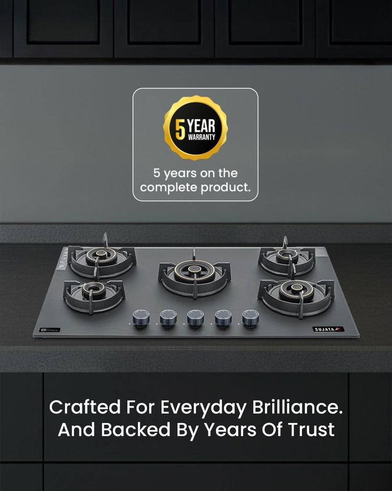 Sujata 5 Burner Gas Stove Glass Top | 5 Years Warranty | Gas Chulha, Auto Ignition Gas Stove, CookTop cum Hob Top, LPG & PNG Compatible, Brass Burner (Palladium FFD Auto Ignition Black)