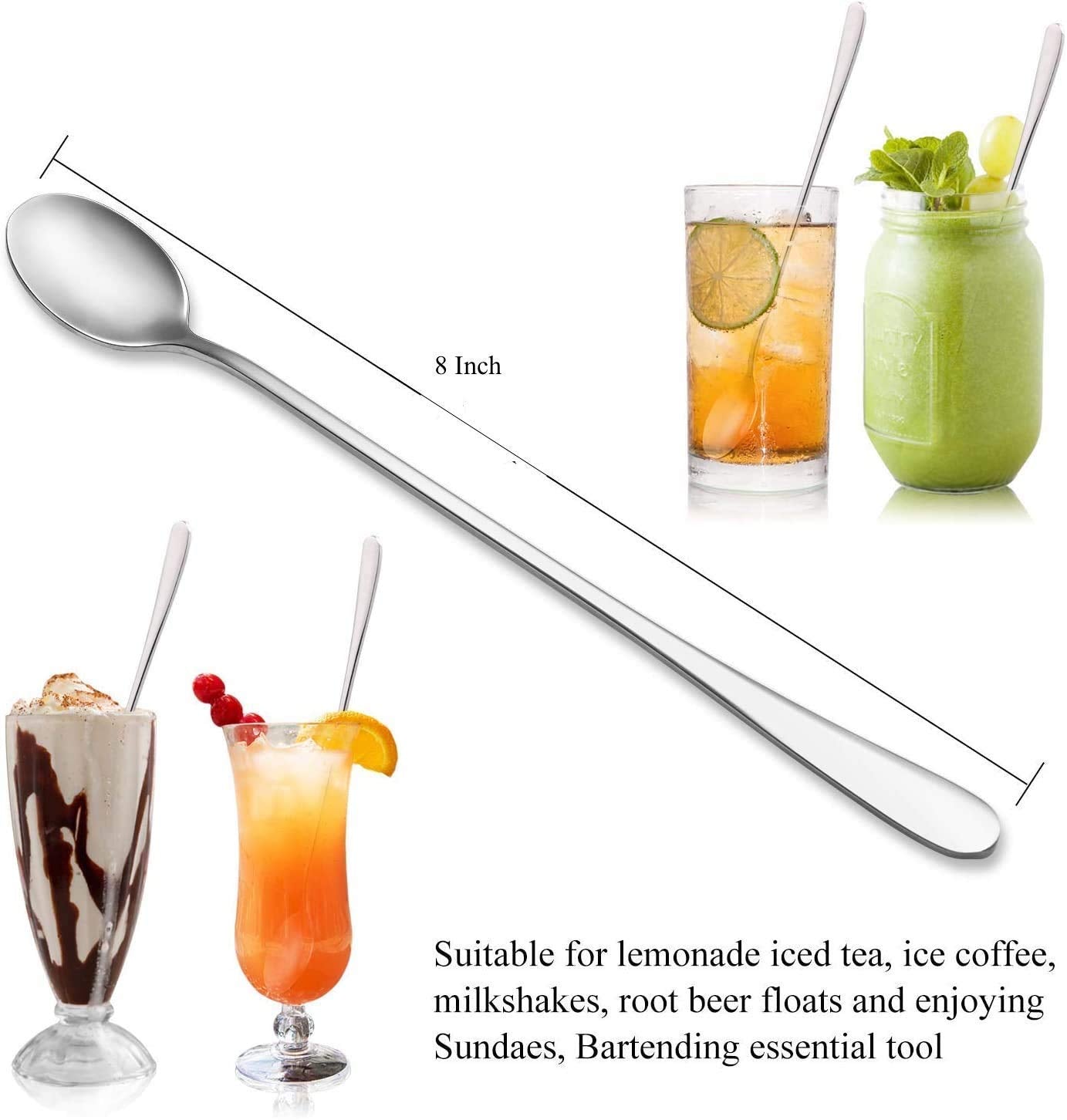 Dynore Stainless Steel 6 Pcs Soda Spoons/Bournvita/Mixing Spoon/Milkshake Spoon/Long Spoon 8 inch- Set of 6