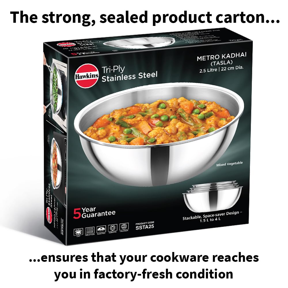 Hawkins 2.5 Litre Metro Kadhai, Triply Stainless Steel Induction Tasla, Silver (SSTA25)