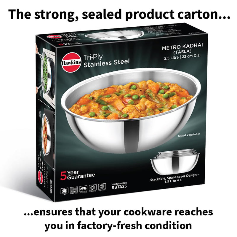 Hawkins 2.5 Litre Metro Kadhai, Triply Stainless Steel Induction Tasla, Silver (SSTA25)