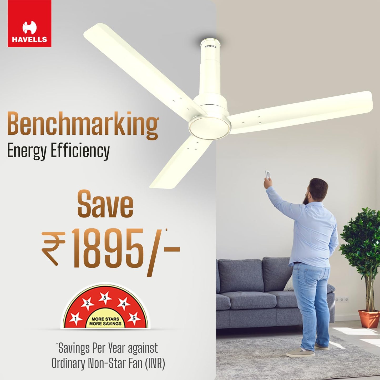 Havells 1200mm Elio BLDC Ceiling Fan | Remote Controlled, High Air Delivery Fan | 5 Star Rated, Upto 60% Energy Saving, 2+1* Year Warranty | (Pack of 1, Bianco)