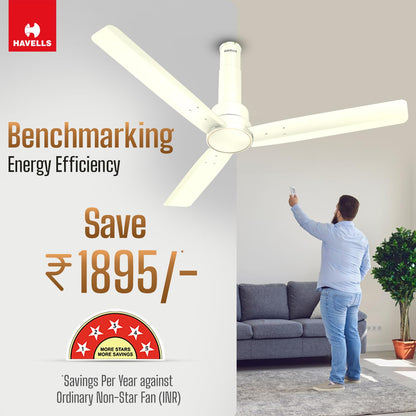 Havells 1200mm Elio BLDC Ceiling Fan | Remote Controlled, High Air Delivery Fan | 5 Star Rated, Upto 60% Energy Saving, 2+1* Year Warranty | (Pack of 1, Bianco)