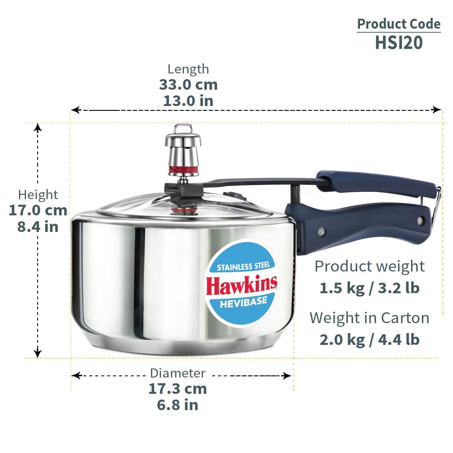 Hawkins 2 Litre Stainless Steel Hevibase Pressure Cooker, Impact Bonded Base, Inner Lid Cooker, Silver (HSI20)