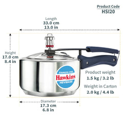 Hawkins 2 Litre Stainless Steel Hevibase Pressure Cooker, Impact Bonded Base, Inner Lid Cooker, Silver (HSI20)