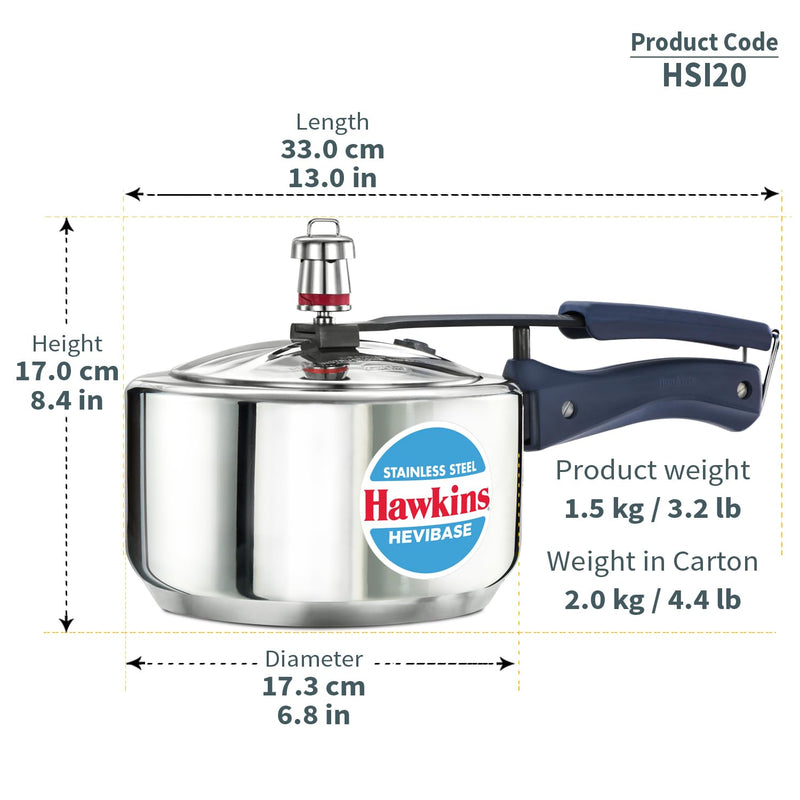 Hawkins 2 Litre Stainless Steel Hevibase Pressure Cooker, Impact Bonded Base, Inner Lid Cooker, Silver (HSI20)