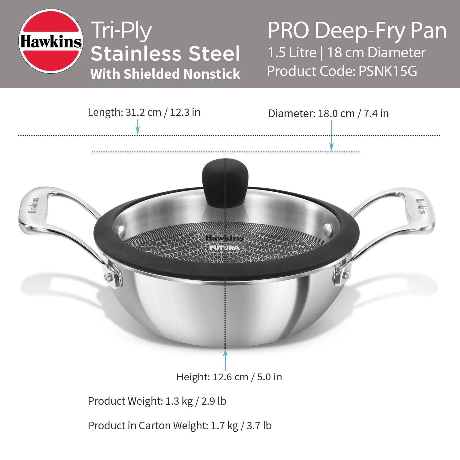 Hawkins Pro 1.5 Litre Shielded Nonstick Triply Deep-Fry Pan, Kadhai with Stainless Steel Handles and Glass Lid, Silver (PSNK15G), 18 cm
