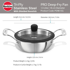 Hawkins Pro 1.5 Litre Shielded Nonstick Triply Deep-Fry Pan, Kadhai with Stainless Steel Handles and Glass Lid, Silver (PSNK15G), 18 cm