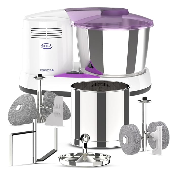 Ultra Perfect S 2 Litre Table Top Wet Grinder Celebration Pack - Fortune White | 2L Multiutility Drum with Conical Stones | 1L Spice Mix Drum with Cylindrical Stone, Coconut Scraper & Atta Kneader