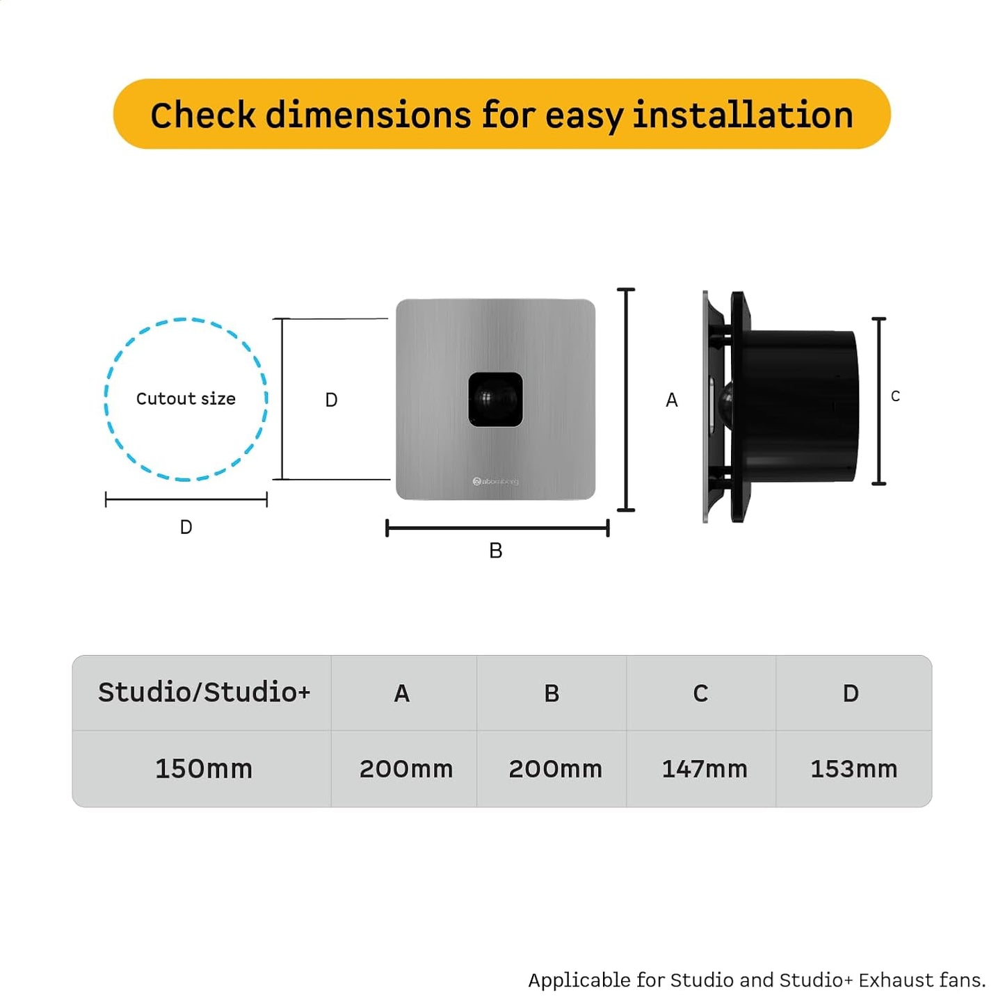atomberg Studio+ Exhaust Fan 150mm (6 Inches) | BLDC Motor | 6.8W| Low Noise | 2000 RPM| Ideal for Bathroom& Kitchen | Easy to Clean | Installation-Round Cut (153mm) | 2 Year Warranty (Brushed Steel)
