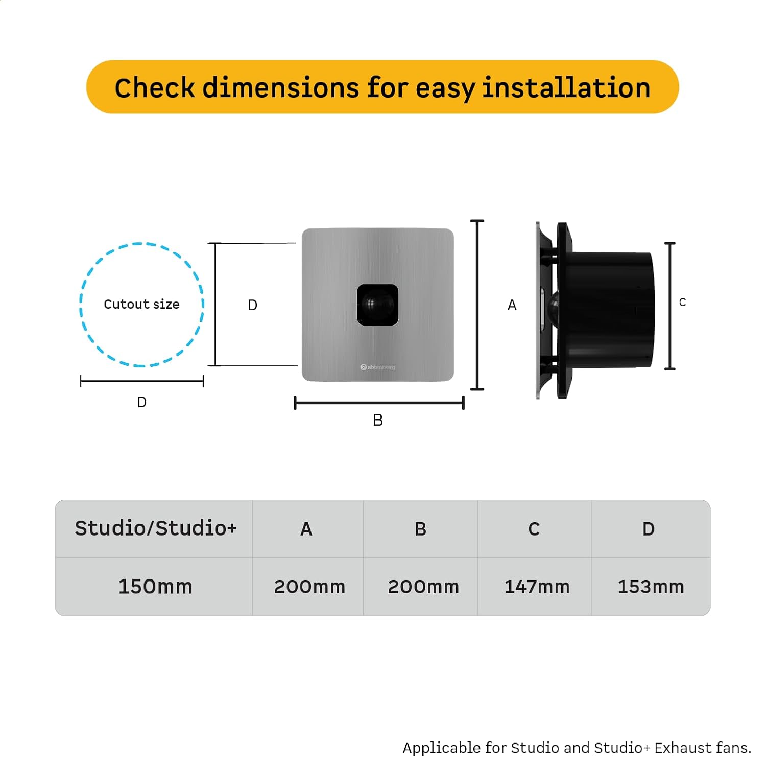 atomberg Studio+ Exhaust Fan 150mm (6 Inches) | BLDC Motor | 6.8W| Low Noise | 2000 RPM| Ideal for Bathroom& Kitchen | Easy to Clean | Installation-Round Cut (153mm) | 2 Year Warranty (Brushed Steel)
