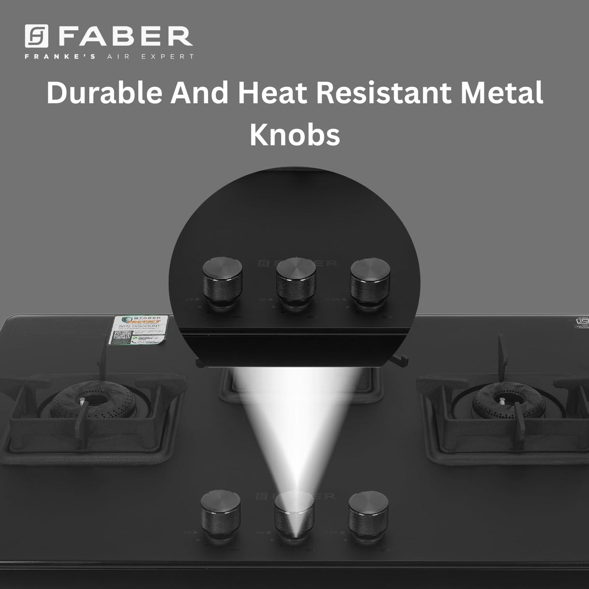 Faber Evoke 3 Burner 65Cm Cooktop |Auto Ignition| |Metal Knobs| MS Diamond coated Pan Support | Matt Black Glass Finish 