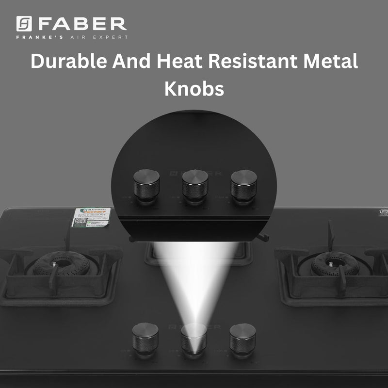 Faber Evoke 3 Burner 65Cm Cooktop |Auto Ignition| |Metal Knobs| MS Diamond coated Pan Support | Matt Black Glass Finish 