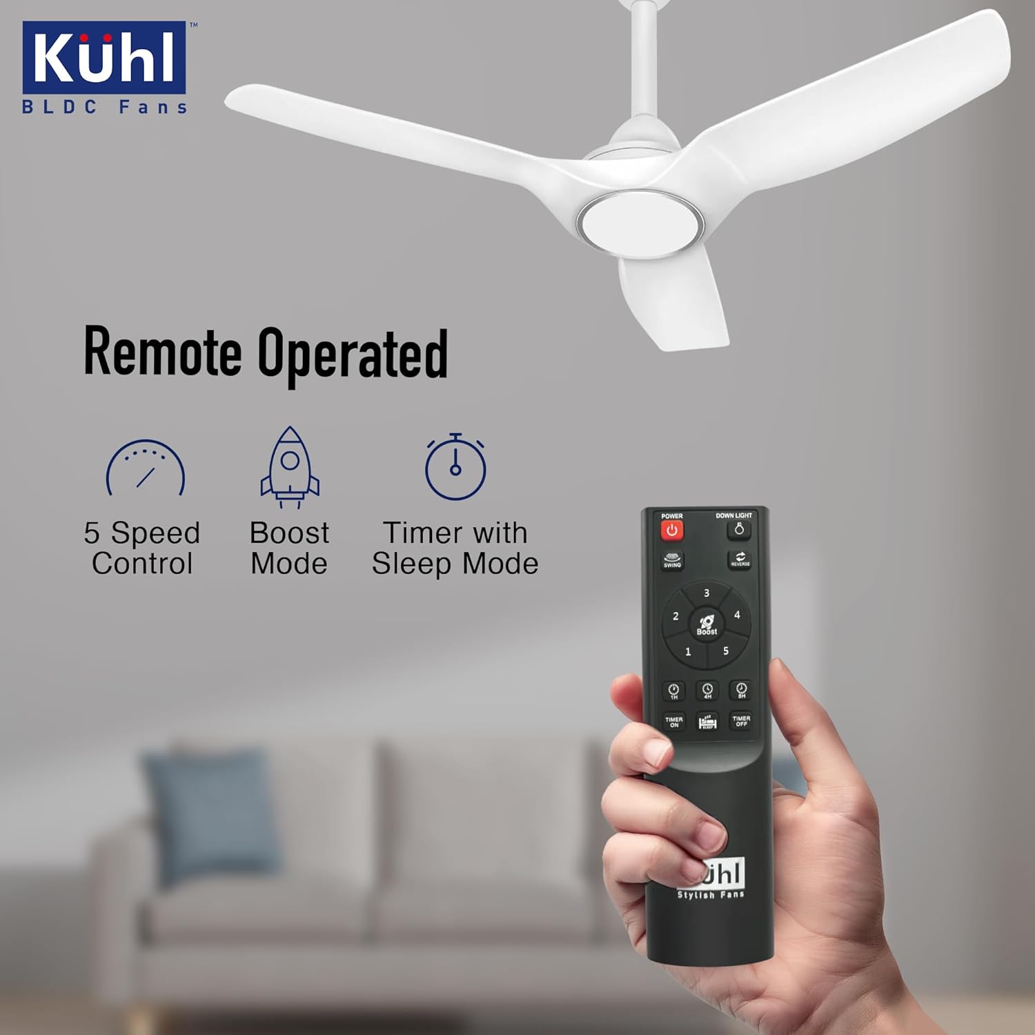 KUHL Meridian M2 1200 mm 65% Power Saving BLDC Ceiling Fan With Remote | BEE 5 Star Rated & ISI Marked | High Air Flow | Reverse Mode | 5 Year Warranty on Motor | Free Installation | White