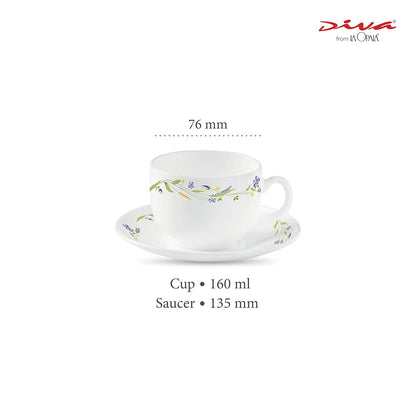 La Opala Diva, Opal Glass Crockery | Cup & Saucer Iris Regular, Set of 12 | Morning Glory, 160 ml | for Tea & Coffee | Microwave Safe | 100% Vegetarian | Extra Strong | Super Light | Super White