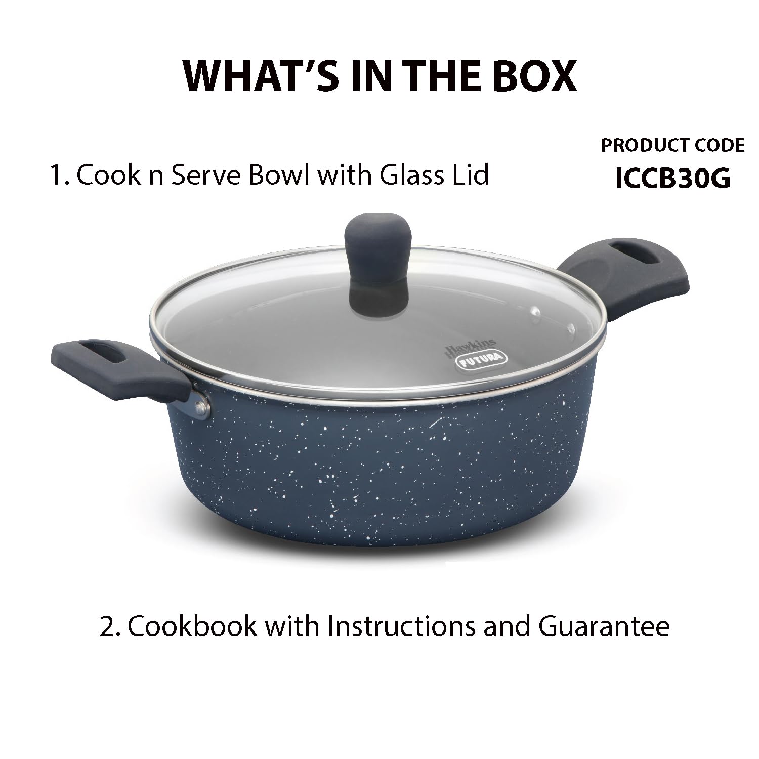 Hawkins Ceramic Nonstick Cook n Serve Bowl with Glass Lid, 3 Litre, Induction Pot, Granite Casserole (ICCB30G)