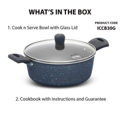 Hawkins Ceramic Nonstick Cook n Serve Bowl with Glass Lid, 3 Litre, Induction Pot, Granite Casserole (ICCB30G)
