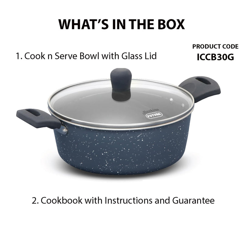 Hawkins Ceramic Nonstick Cook n Serve Bowl with Glass Lid, 3 Litre, Induction Pot, Granite Casserole (ICCB30G)