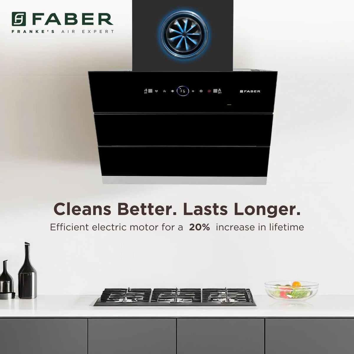 Faber 60 cm 1500 m³/hr Wall Mounted Kitchen Chimney (HOOD COMET BLDC FL HC BK 60, Filterless technology, Touch & Gesture