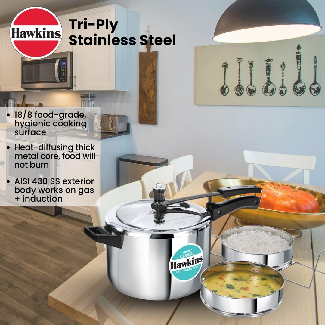 Hawkins Classic 5 Litre Tri-Ply Pressure Cooker with Separator, Triply Stainless Steel Inner Lid Cooker, Silver (SSTCL51)