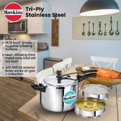 Hawkins Classic 5 Litre Tri-Ply Pressure Cooker with Separator, Triply Stainless Steel Inner Lid Cooker, Silver (SSTCL51)