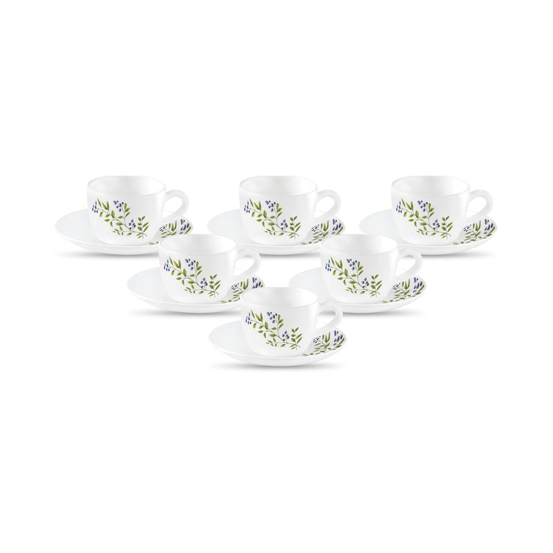 La Opala, Novo Collection Opal Glass Crockery | Cup & Saucer Lily, Set of 12 | Trinty Green, 150 ml | for Tea & Coffee | Microwave Safe | 100% Vegetarian | Extra Strong | Super Light | Super White
