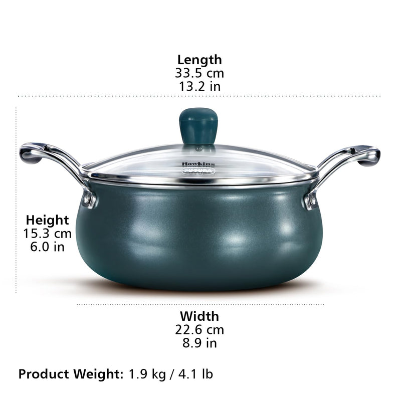 Hawkins Olive Pro 3 Litre Handi, Triply Stainless Steel Pan with Stainless Steel Handles and Glass Lid, Green (POSH30G)