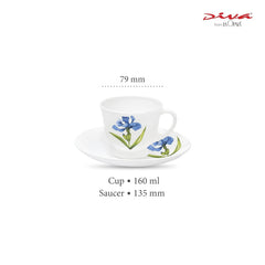 La Opala Diva, Opal Glass Crockery | Cup & Saucer Victoria, Set of 12 | Royal Iris, 160 ml | for Tea & Coffee | Microwave Safe | 100% Vegetarian | Extra Strong | Super Light | Super White