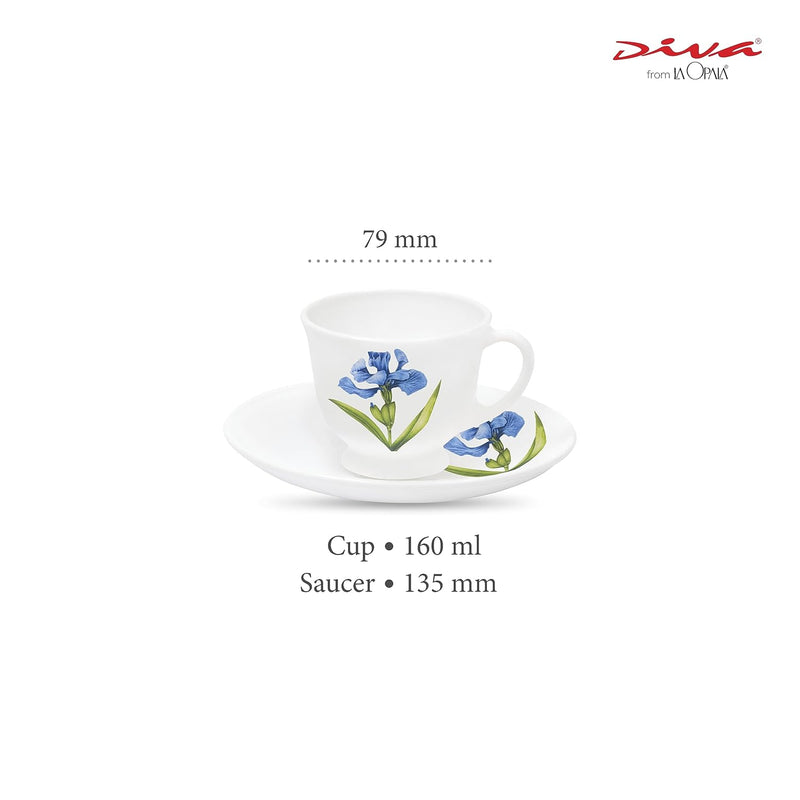La Opala Diva, Opal Glass Crockery | Cup & Saucer Victoria, Set of 12 | Royal Iris, 160 ml | for Tea & Coffee | Microwave Safe | 100% Vegetarian | Extra Strong | Super Light | Super White