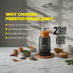 Preethi MiniBlend 300W Plastic Blender Mixer Grinder with 2 Jars, Razor Sharp Blades, for Smoothies, Purees, and Baby Food, Black