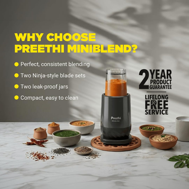 Preethi MiniBlend 300W Plastic Blender Mixer Grinder with 2 Jars, Razor Sharp Blades, for Smoothies, Purees, and Baby Food, Black