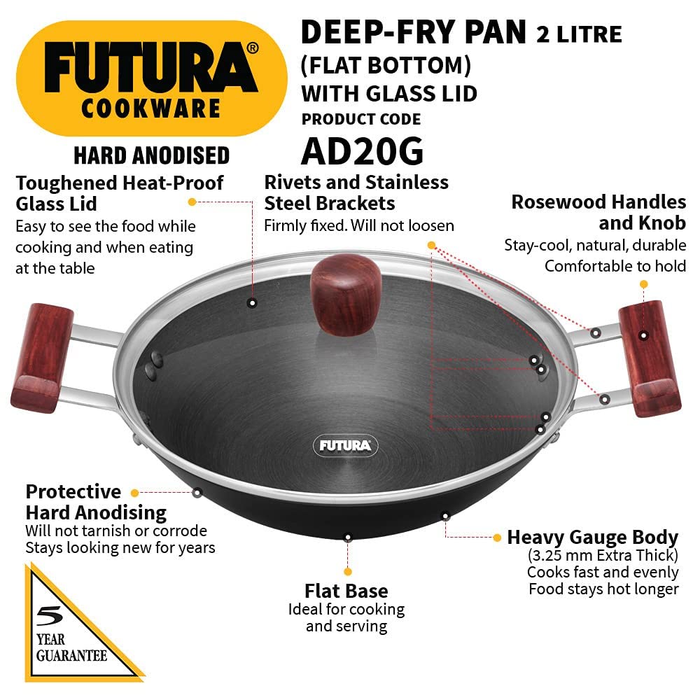 Hawkins Futura 2 Litre Deep Fry Pan, Hard Anodised Kadai with Glass Lid, Flat Bottom Kadhai, Black (AD20G)