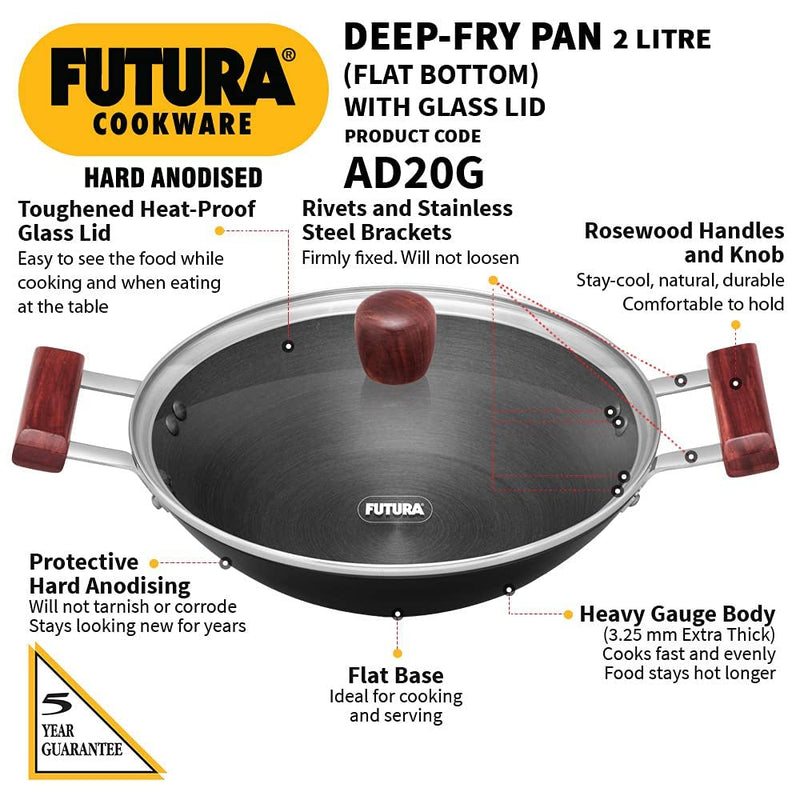 Hawkins Futura 2 Litre Deep Fry Pan, Hard Anodised Kadai with Glass Lid, Flat Bottom Kadhai, Black (AD20G)