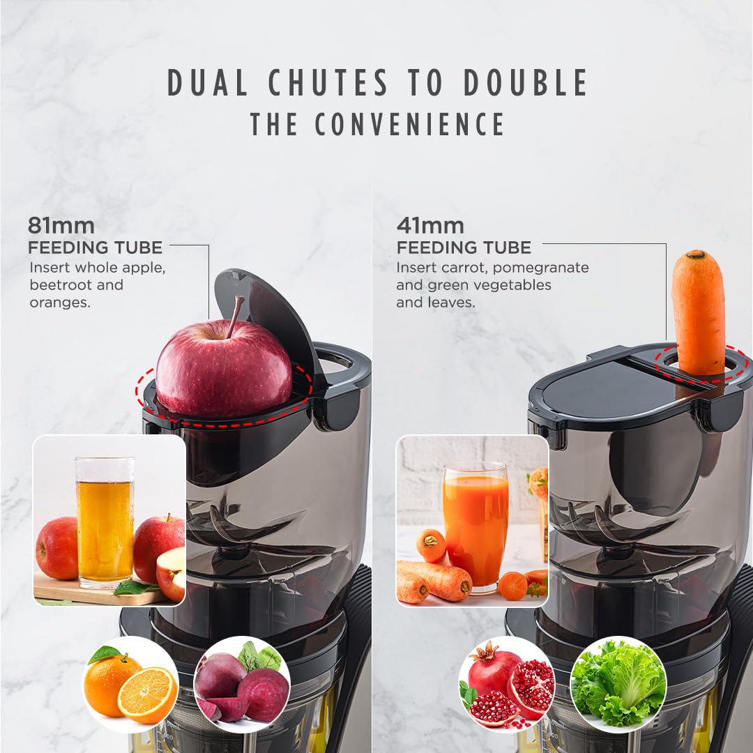 Sujata Cold Pressed Slow Juicer SJ01 | Ideal for Fruit, Vegetable Juices, Nut Milks, Smoothies & Frozen Desserts | Dual Feeding Chute | Reverse Function | Magnetic Safety Lock