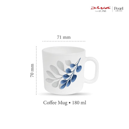 La Opala Diva, Pearl Collection Opal Glass Crockery | Coffee Mug Regular, Set of 6 | Indigo Bliss, 190 ml | for Tea & Coffee | Microwave Safe | 100% Vegetarian | Extra Strong | Super Light & White