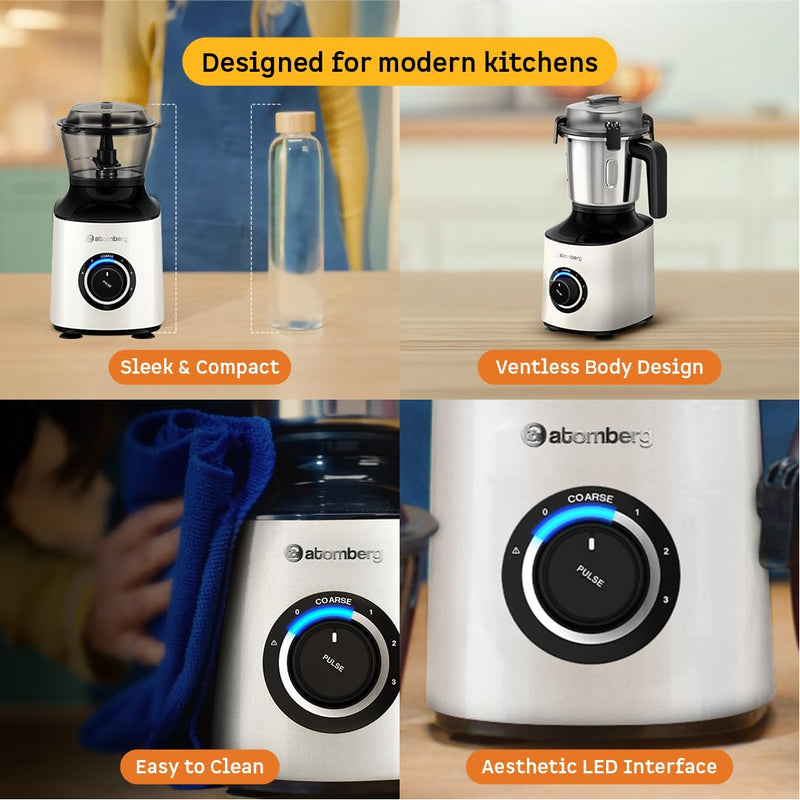 Atomberg Zenova Mixer Grinder | Unique Coarse Mode for Silbatta-like Texture | Intelligent BLDC Motor | Safety Features | 4 Jars including Chopper | Hands-Free Operation (Pearl White)