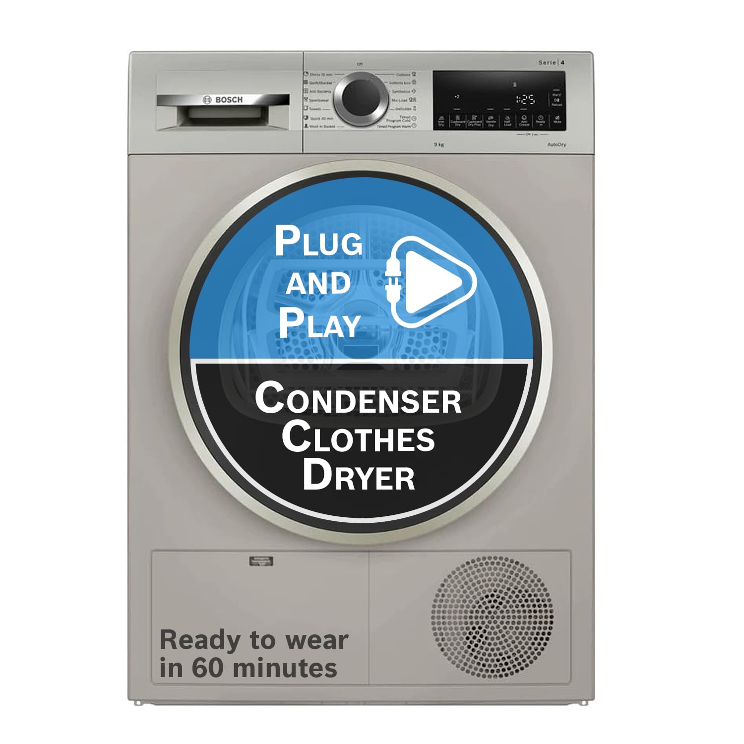 Bosch 8 kg Fully Automatic Front Load Condenser Tumble Dryer (WPG23108IN, 5 Drying Options, 14 Programs, Allergy Plus, 100% Drying with 0% Effort, Inbuilt Heater, Silver)