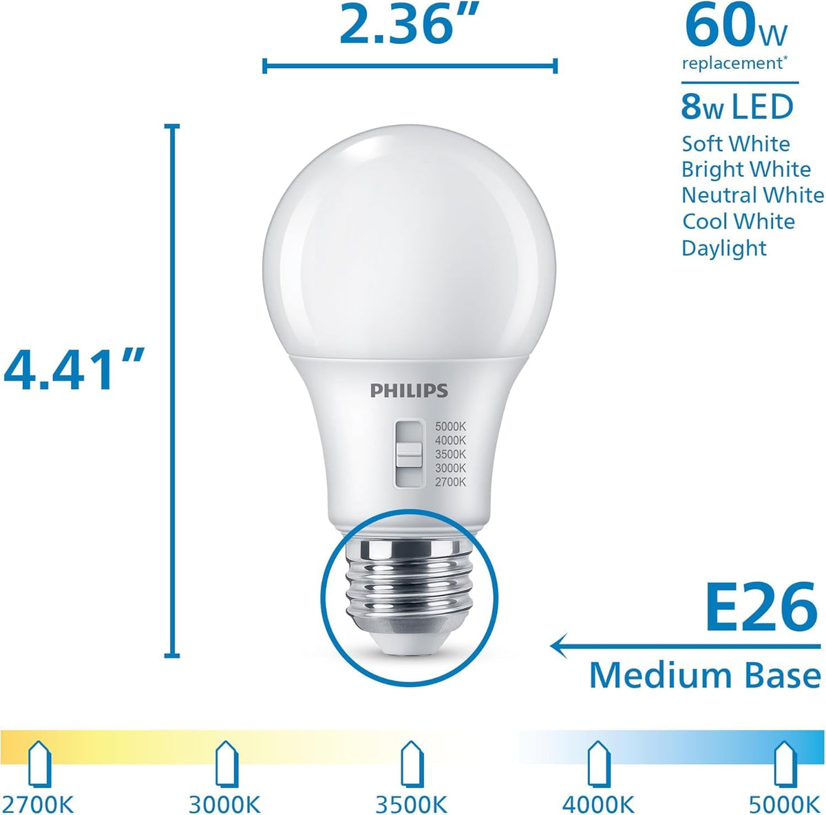 Philips LED A19 Selectable White Dimmable LED Bulbs - Flicker-free 60w Bulbs with EyeComfort Technology