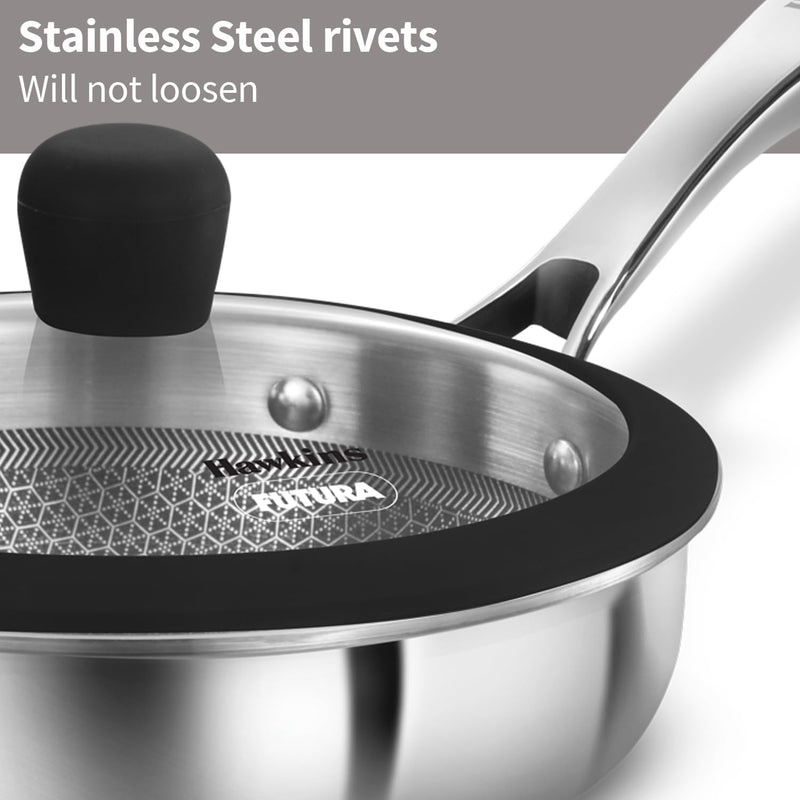 Hawkins Pro 18 cm Shielded Nonstick Triply Frying Pan, Fry Pan with Stainless Steel Handle and Glass Lid, Silver (PSNF18G)