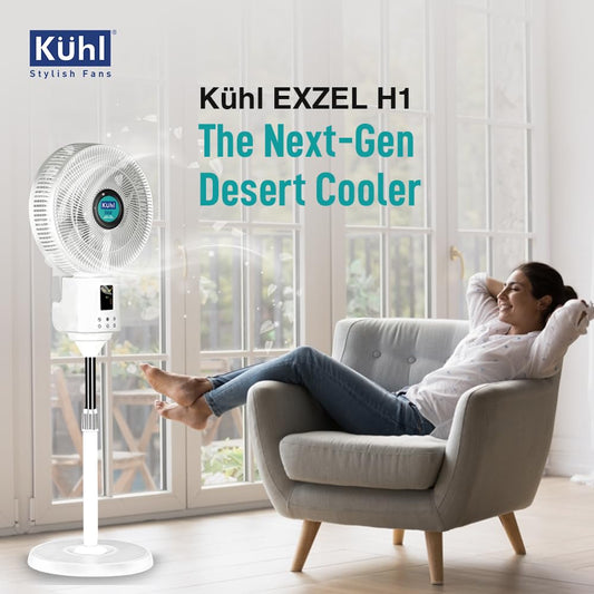 KUHL Exzel H1 Next Gen Desert Cooler BLDC Pedestal with Mist & Humidifier|8Blades |4Speed| Remote & Touch Panel with Display| Height Adjustement| Low Noise|8 Hr Water Tank|400mm |Free installation