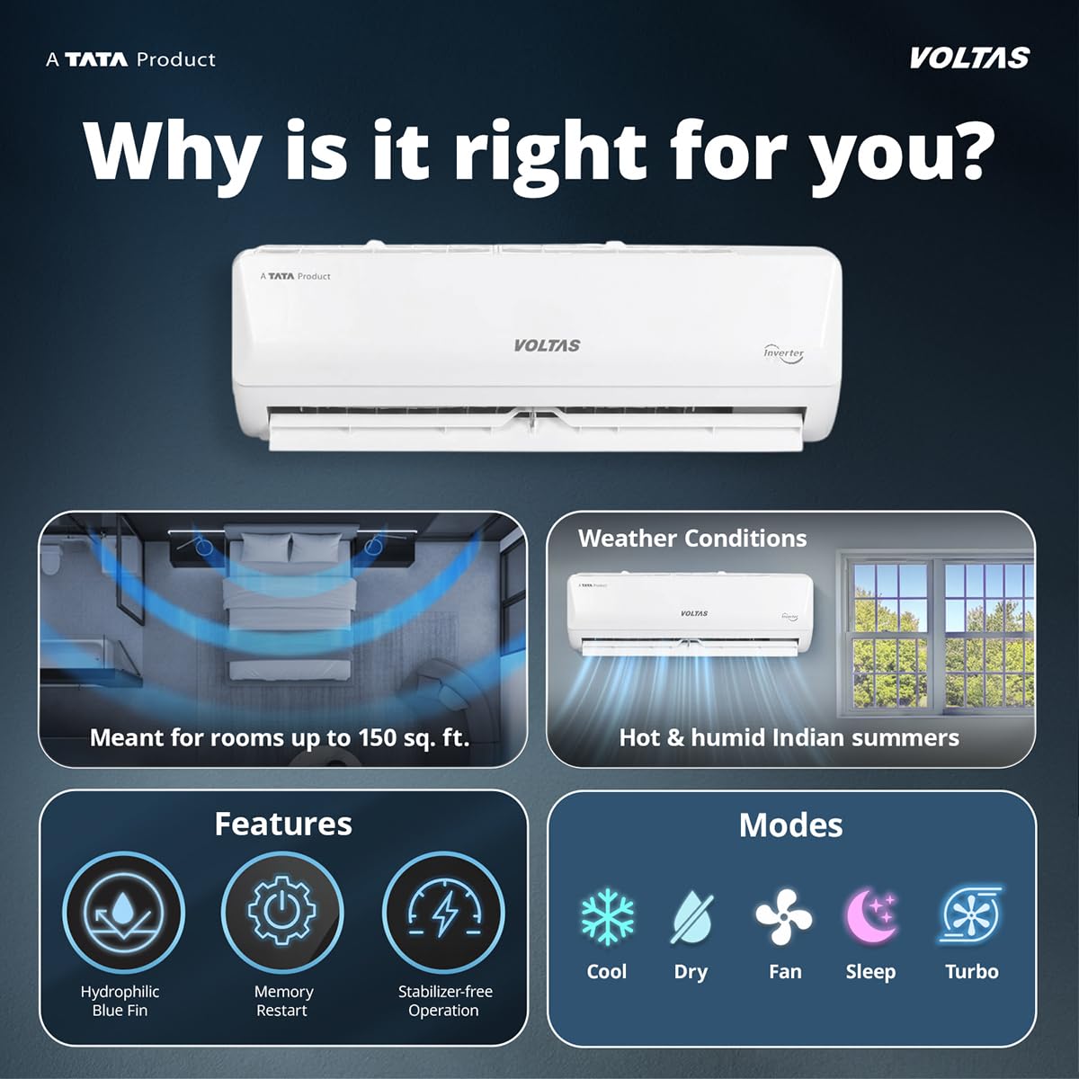 Voltas 2 ton 3 Star,New star rated, Inverter Split AC (Copper, Convertible 5-in-1 Cooling Mode, 2-Way Air Swing, Anti-dust Filter with Anti Microbial Coating, Auto Clean, (243INV CAM, White)