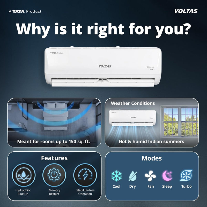 Voltas 2 ton 3 Star,New star rated, Inverter Split AC (Copper, Convertible 5-in-1 Cooling Mode, 2-Way Air Swing, Anti-dust Filter with Anti Microbial Coating, Auto Clean, (243INV CAM, White)
