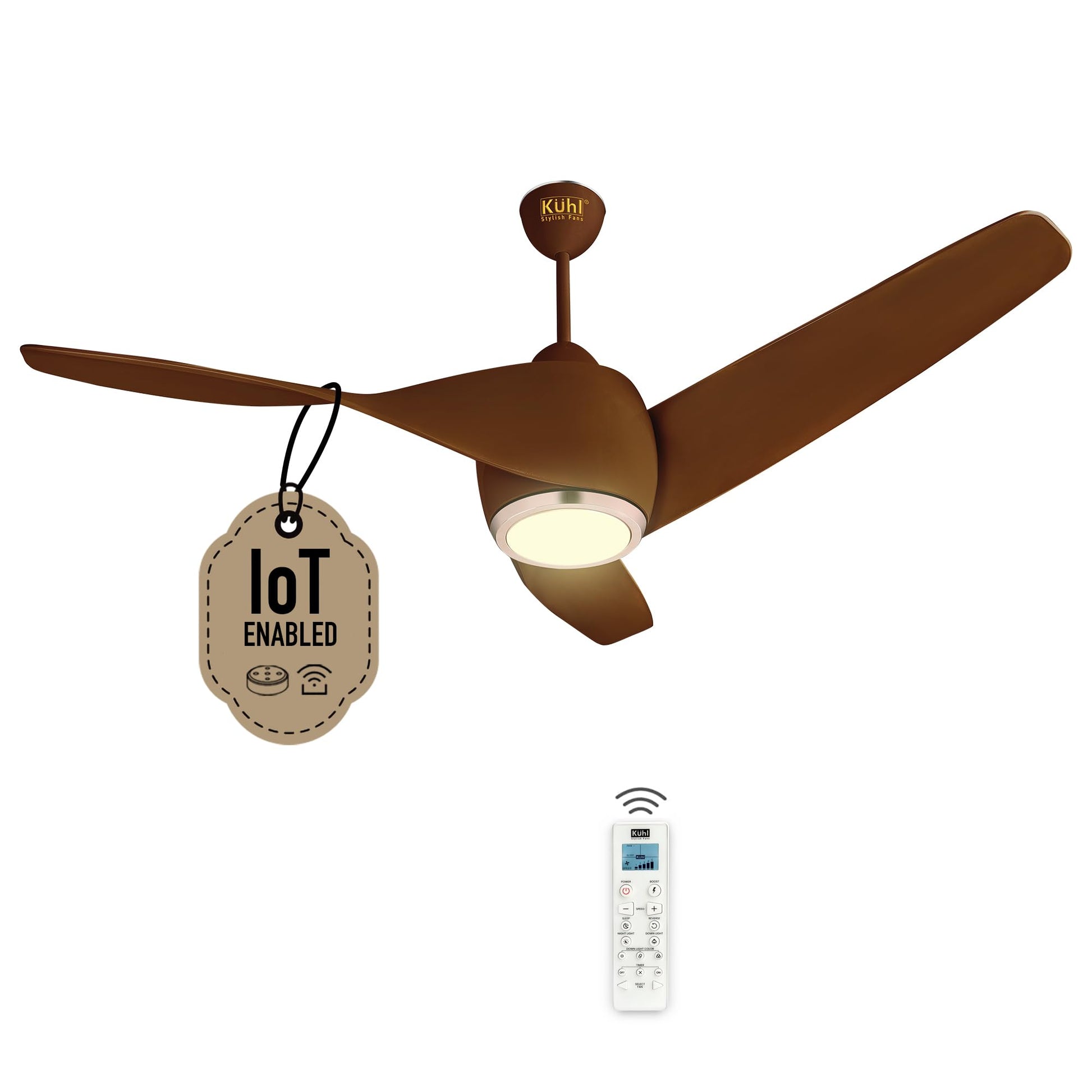 KUHL Glanz F3 1320mm Stylish Power Saving BLDC Ceiling Fan With Remote | Down Light | 30W | 5 Star | IoT - Operate Via Mobile&Alexa | Reverse Mode | Free Installation |Teak