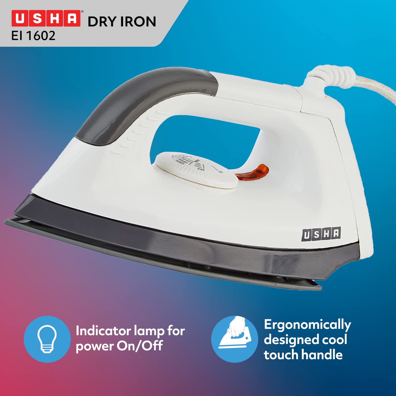 USHA EI 1602 1000 W Lightweight Dry Iron with Non-Stick Soleplate (Multi-colour) (Pack of 2)