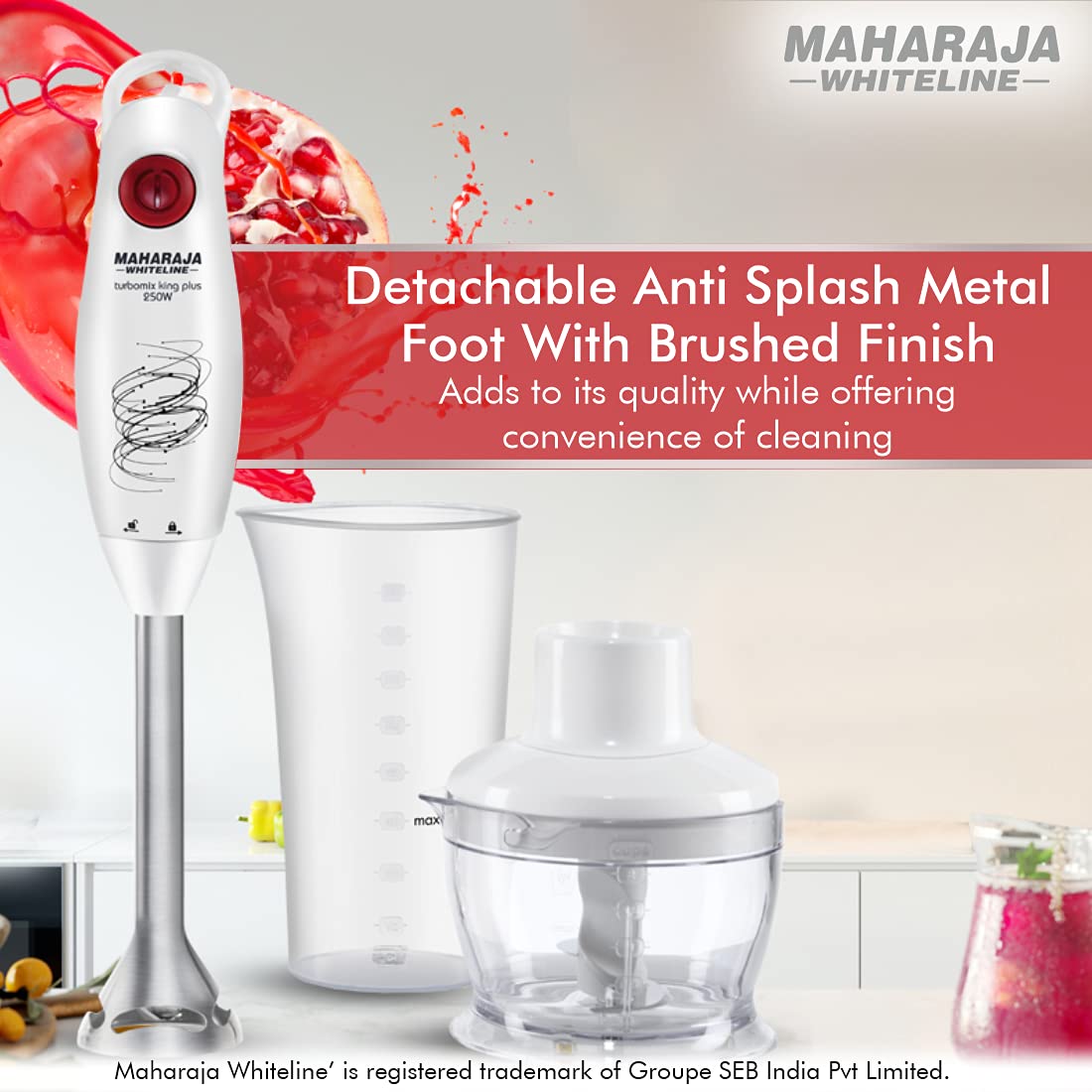 Maharaja Whiteline Turbomix King Plus Hand Blender, 250W, Duraforce advanced blade technology, 800ml multi-purpose jar, 500ml Chopper… (250)