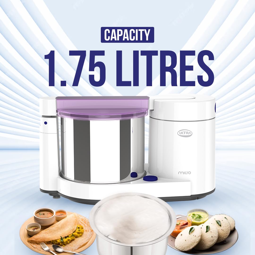 ULTRA Abs Plastic Micro 1.75 Litre Table Top Wet Grinder - White| Fast Grinding Conical Stones,85W Power & 5 Years Warranty|AISI 304 Food-Grade SS Multi Utility Cylindrical Type Drum