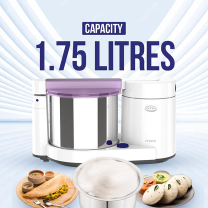 ULTRA Abs Plastic Micro 1.75 Litre Table Top Wet Grinder - White| Fast Grinding Conical Stones,85W Power & 5 Years Warranty|AISI 304 Food-Grade SS Multi Utility Cylindrical Type Drum