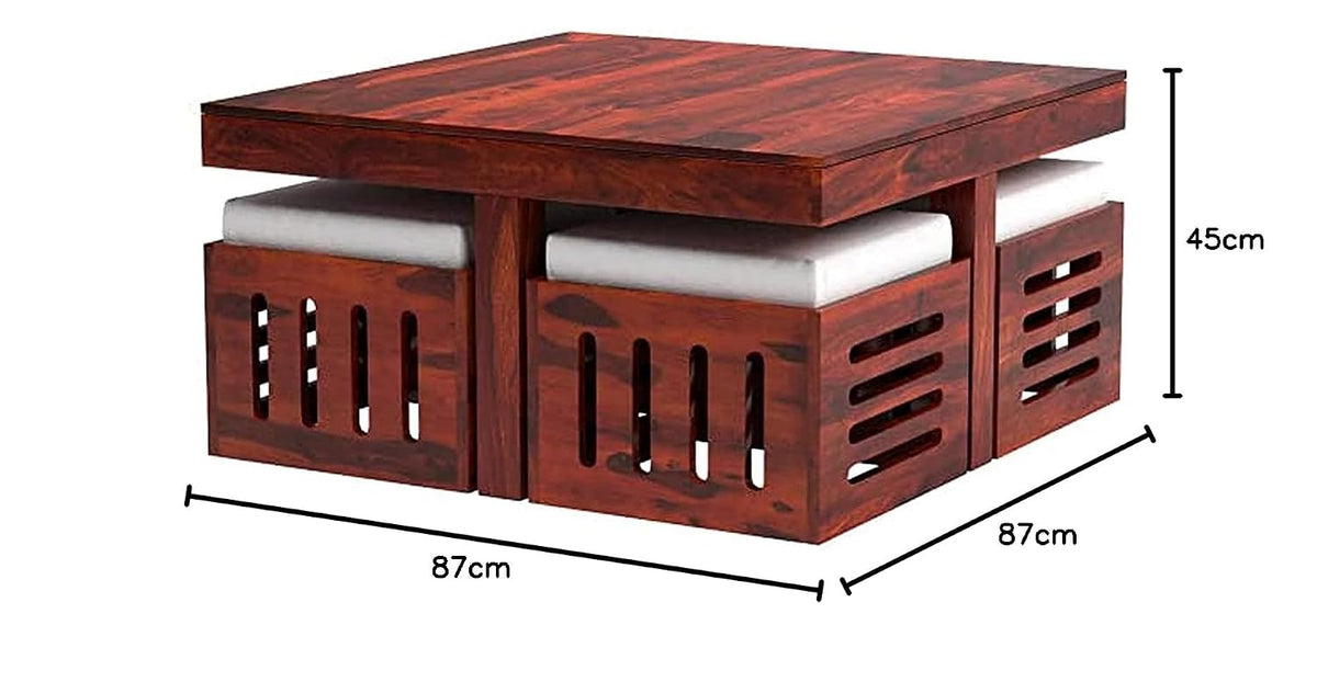 Sheesham Wood Square Coffee Table for Living Room | Wooden Center Table | with 4 Stools | Cream Cushi