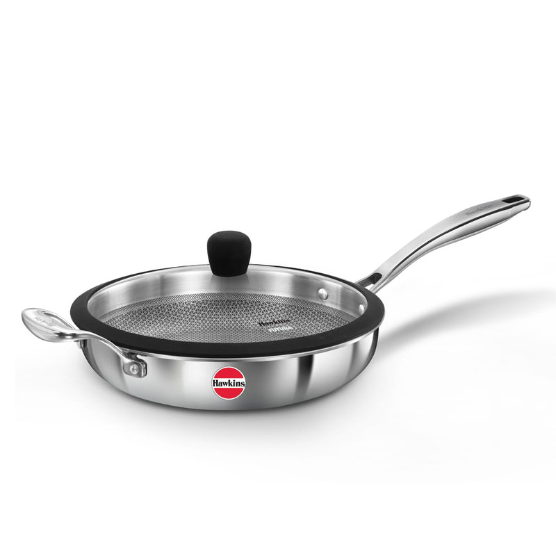 Hawkins Pro 26 cm Shielded Nonstick Triply Frying Pan, Fry Pan with Stainless Steel Handle and Glass Lid, Silver (PSNF26G)