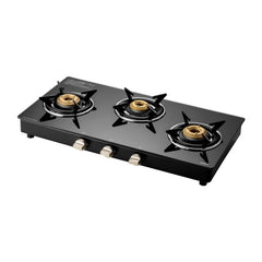 Kaff CTC 77 3B Gas Stove/Cooktop 3 Burners with Manual Ignition 77 CM, High Efficiency Brass Burners, Black Tempered Gla